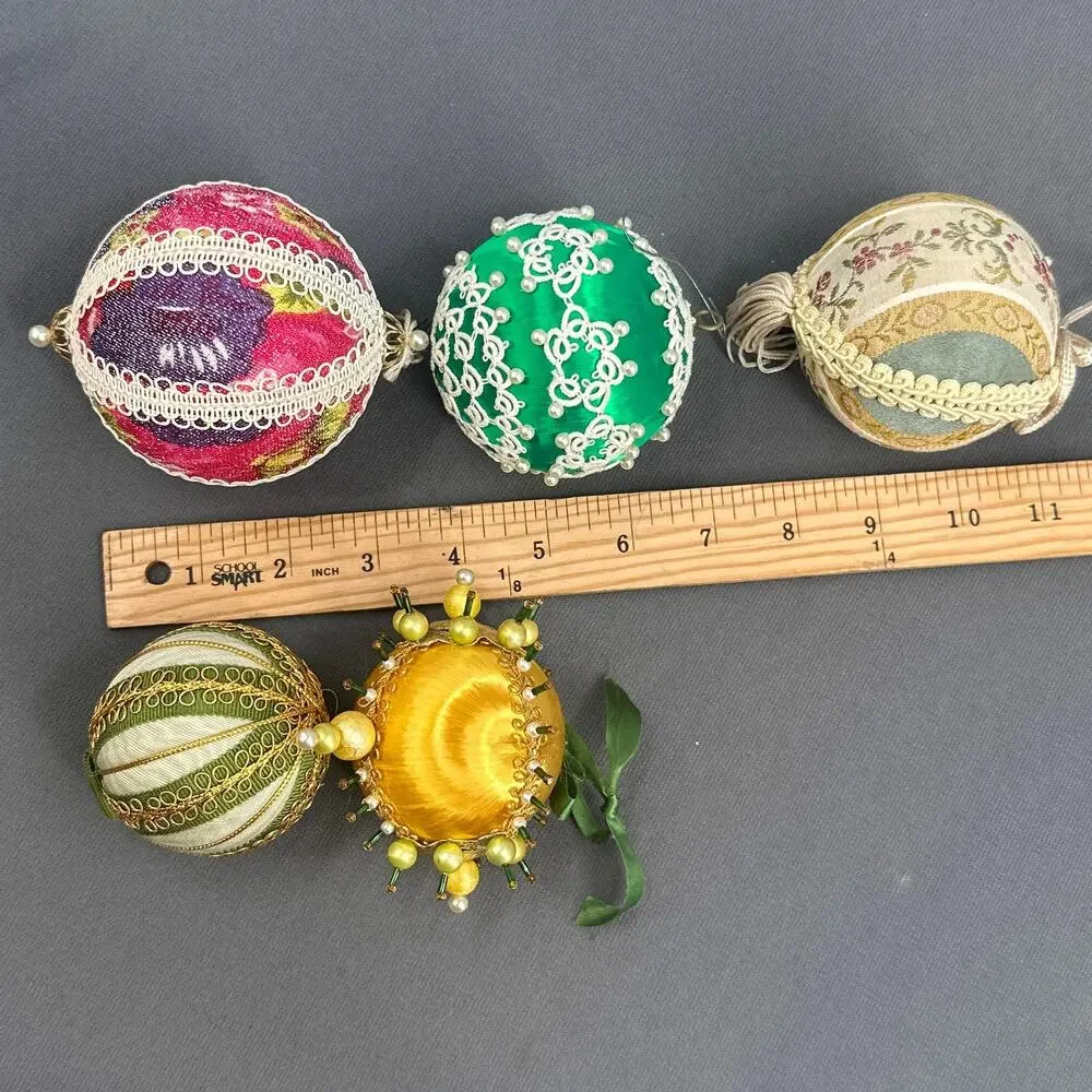 5 VTG Handmade Christmas Ornaments Satin Floral Push Pin Bead Kitschy Tassel 70s